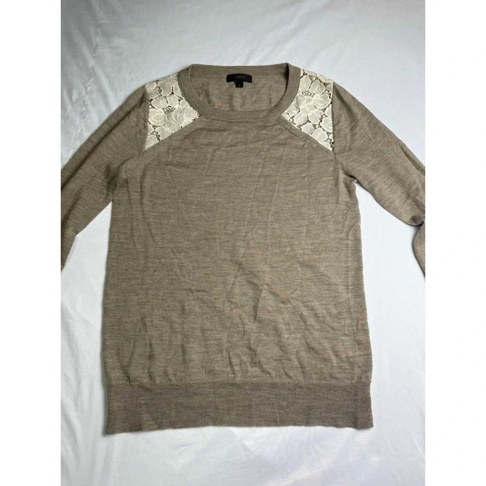 J. Crew‎ Womens 100% Merino Wool Lace Shoulder Sweater Taupe Brown Small